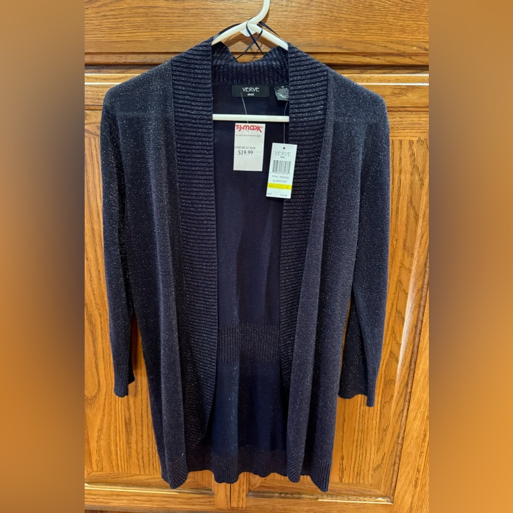 Woman’s navy blue lightweight jacket sweater.